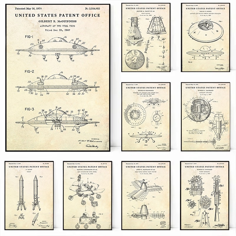 Star Map Poster - ヴィンテージ空飛ぶ円盤UFOブループリントポスター宇宙宇宙船ウォールアート家の装飾回転ジェット機宇宙カプセルプリント